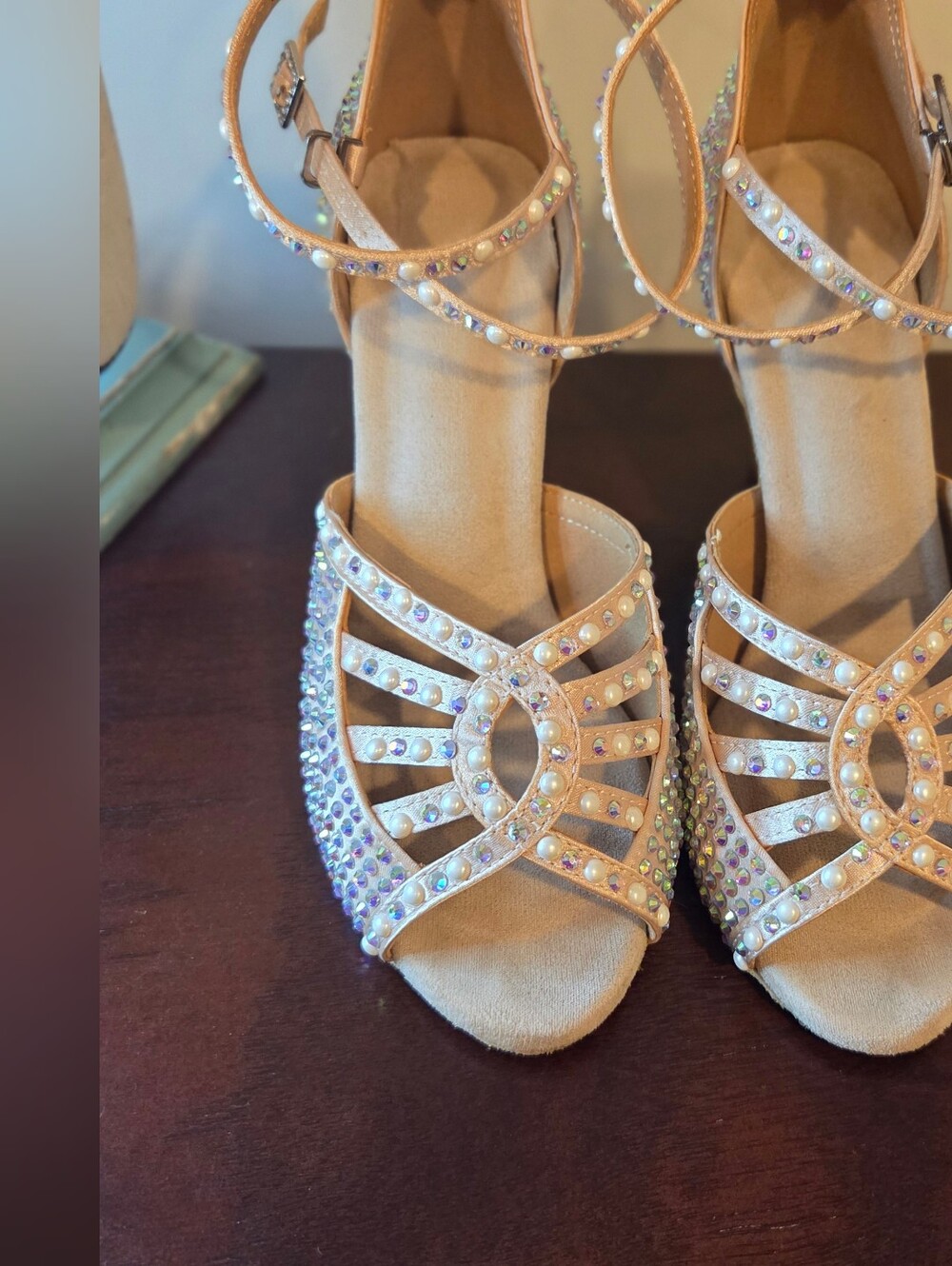Embellished Tan Strappy Women's Dress Dancing  Heels, Size 6.5